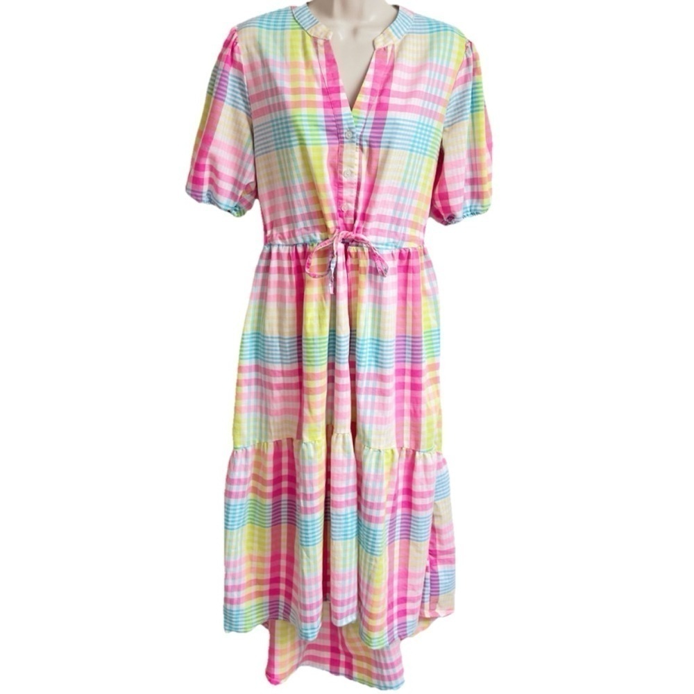 Crown & Ivy High Low Plaid Maxi Dress Colorful Pullover Short Sleeve Medium